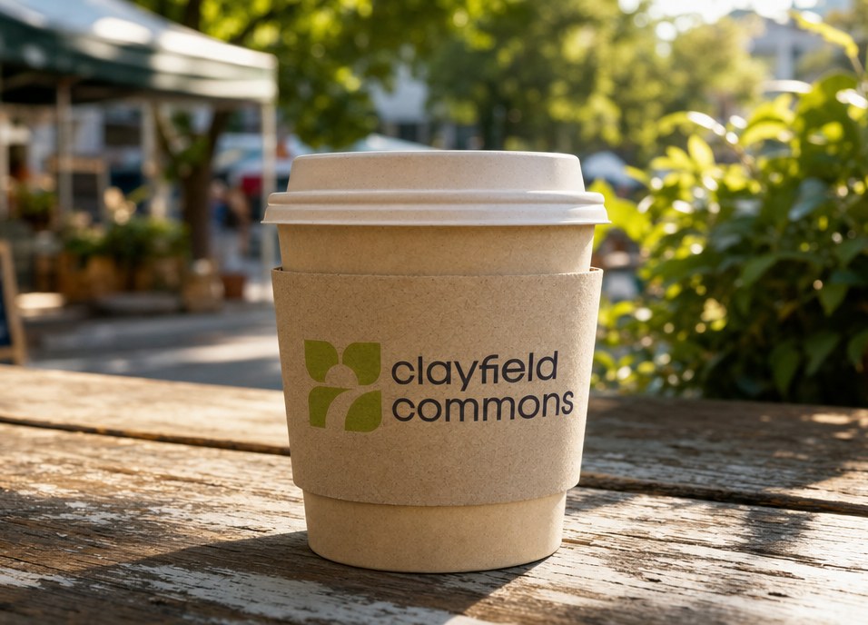 Clayfield Commons takeaway coffee cup on a market table
