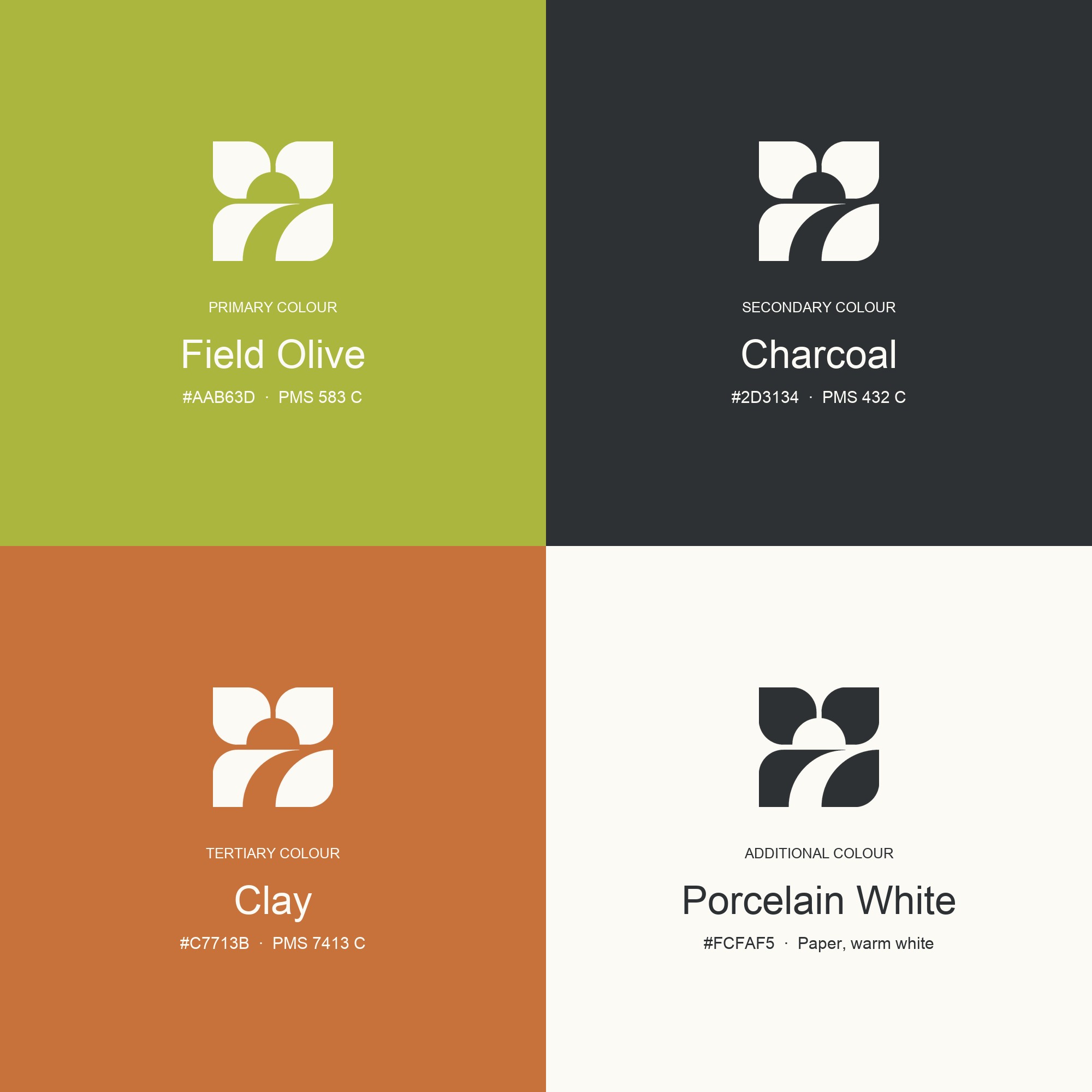 Clayfield Commons brand palette in four equal squares: Field Olive, Charcoal, Clay and Porcelain White, each with the Pathway logomark and colour codes centred