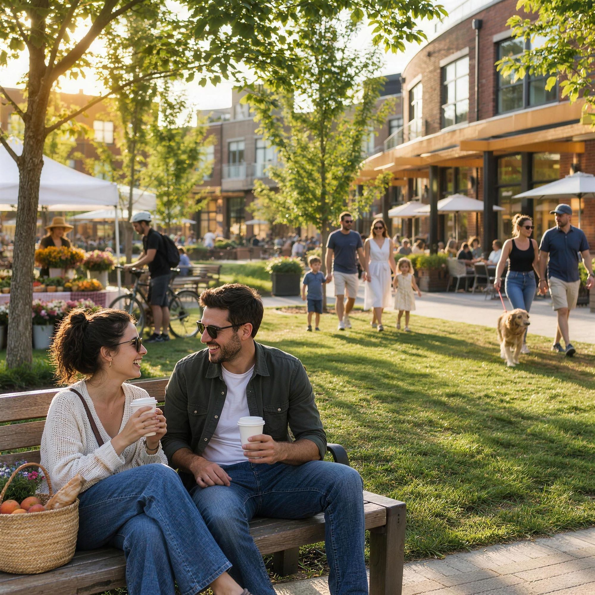 Golden hour on the Green at Clayfield Commons: neighbours laughing over coffee on a bench, a market stall, families and a cyclist along the curved contemporary streetscape