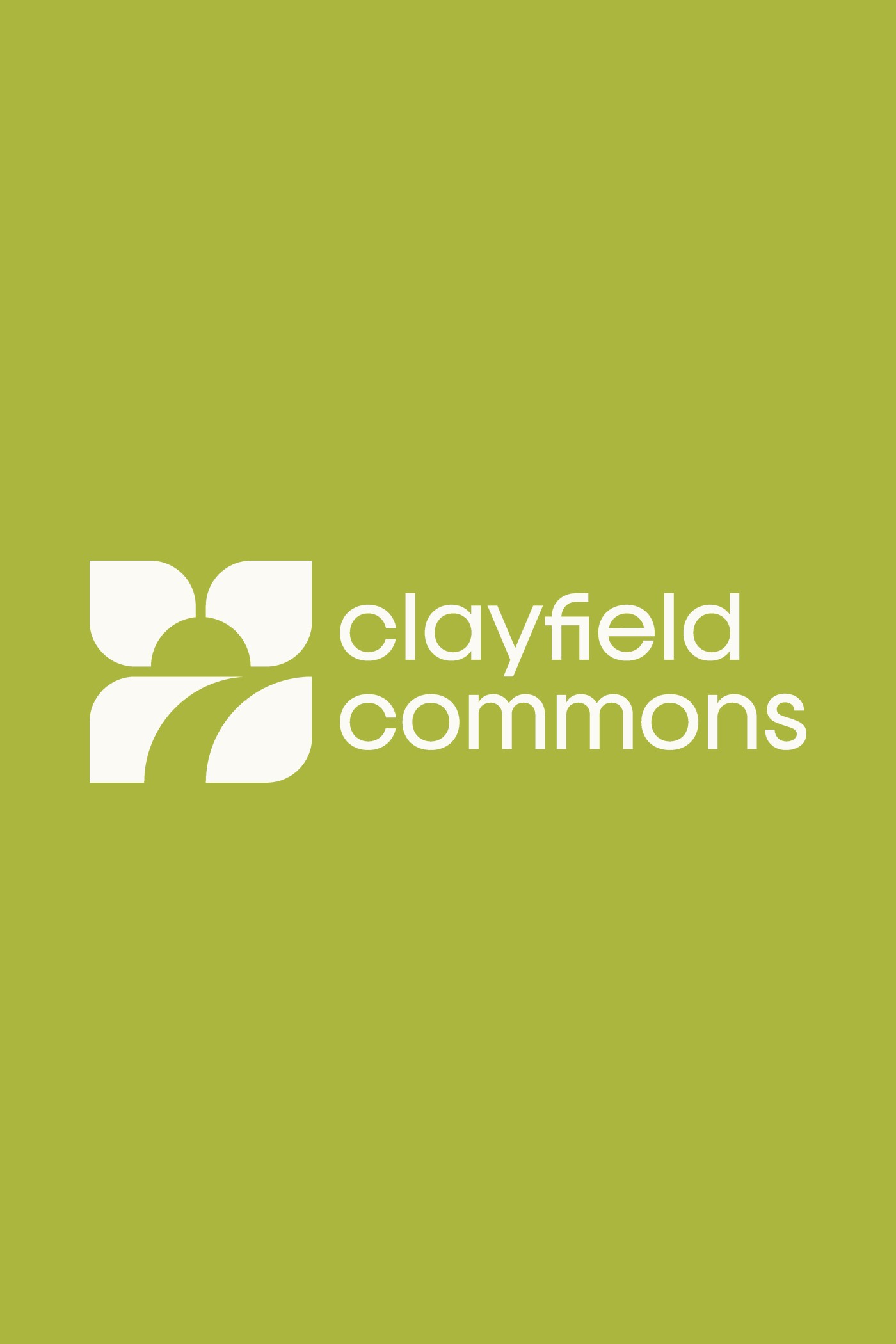 Clayfield Commons logo lockup reversed in white on Field Olive
