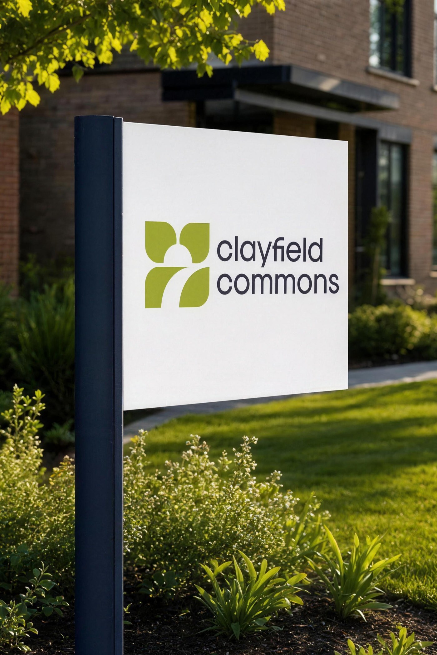 Clayfield Commons wayfinding sign on the walk, logo lockup on white