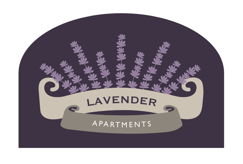 Logo with lavender sprigs above scroll banners that read 'Lavender Apartments' on a dark purple background.