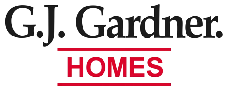 A logo for G.J. Gardner Homes. The name "G.J. Gardner." is in a large, black, serif font. Below the name, the word "HOMES" is in a large, bold, red, sans-serif font, and it is framed by two thin red horizontal lines.