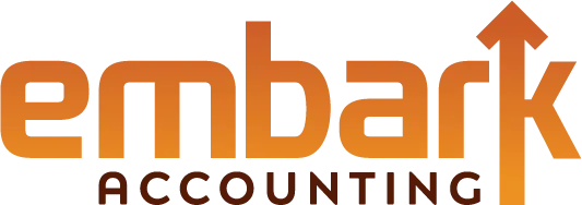 A logo for "embark ACCOUNTING". The word "embark" is in a bold, orange sans-serif font, with a gradient that goes from a lighter shade on the left to a darker shade on the right. The letter "k" is stylized as an upward-pointing arrow. The word "ACCOUNTING" is in smaller, dark brown sans-serif letters below "embark".