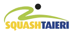 A logo for a squash club. It features a stylized green and yellow curve representing a squash player in motion, with a small black circle above it, possibly representing a ball. Below the graphic, the word "SQUASH" is in yellow, and "TAIERI" is in blue.