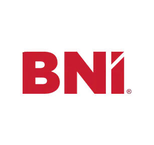 A logo for BNI. The letters "BNI" are in a bold, sans-serif font, colored red. The "I" is stylized, with a jagged line creating a gap in the upper part of the letter, resembling a person's silhouette. A registered trademark symbol is located to the right of the "I"