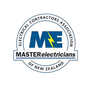 
A circular logo for "MASTER electricians". In the center are the letters "ME" in large, bold, blue font. A stylized yellow lightning bolt is positioned between the "M" and "E". Surrounding the letters is a white circle with the text "ELECTRICAL CONTRACTORS ASSOCIATION" at the top and "OF NEW ZEALAND" at the bottom. Below the circle is a banner with "MASTER electricians" written in a mix of bold and regular font