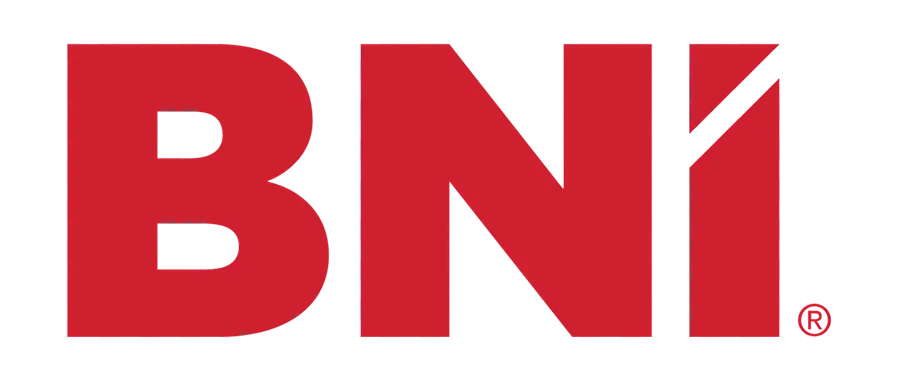A logo for BNI. The letters "BNI" are in a bold, sans-serif font, colored red. The "I" is stylized, with a jagged line creating a gap in the upper part of the letter, resembling a person's silhouette. A registered trademark symbol is located to the right of the "I"