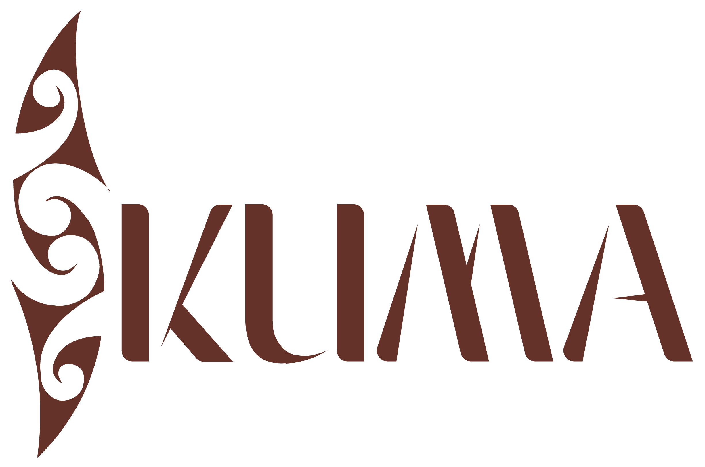 A logo for the word "IKUMA". The first letter, "I", is stylized as a long, brown, vertical shape with two curving, spiral-like patterns on its left side, resembling a hook or a tribal design. The rest of the letters, "KUMA", are in a simple, brown sans-serif font.