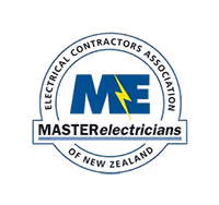 A circular logo for "MASTER electricians". In the center are the letters "ME" in large, bold, blue font. A stylized yellow lightning bolt is positioned between the "M" and "E". Surrounding the letters is a white circle with the text "ELECTRICAL CONTRACTORS ASSOCIATION" at the top and "OF NEW ZEALAND" at the bottom. Below the circle is a banner with "MASTER electricians" written in a mix of bold and regular font
