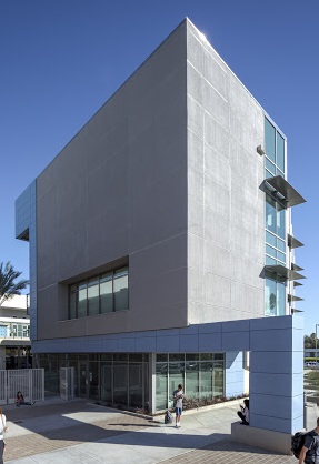 Contemporary school facility with large windows and angular design