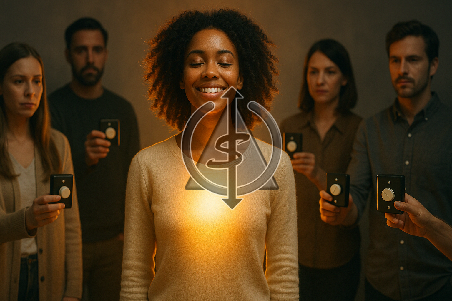 A serene woman radiates golden light from her chest while surrounded by people holding dimmer switches, symbolizing resilience against attempts to diminish her light.