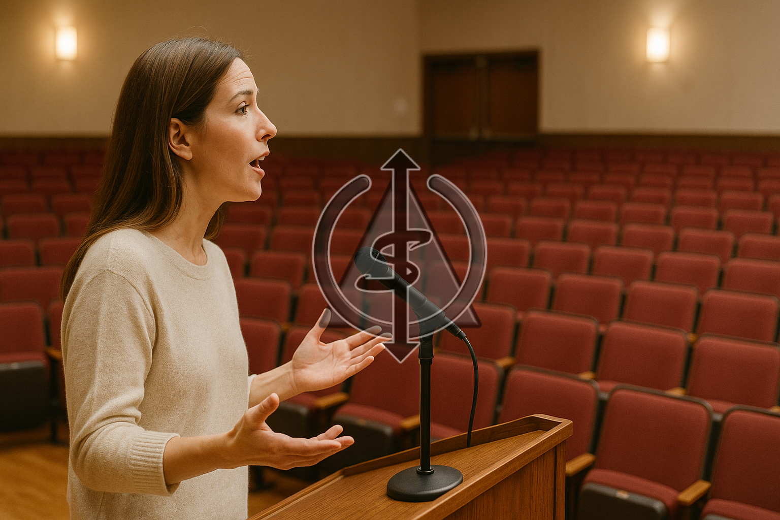 A woman passionately delivers a speech at a podium in an empty auditorium, symbolizing wasted energy on an absent audience.