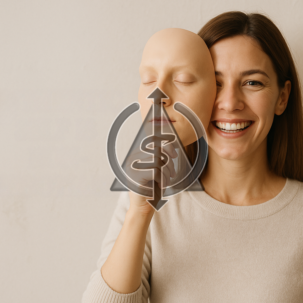 A smiling woman removes a lifeless mask from her face, revealing her genuine self, symbolizing authenticity and self-acceptance.
