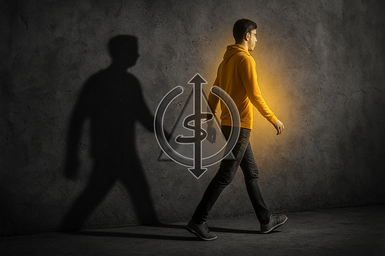 Black and white image of a person walking away from their own shadow on a wall, with golden light accenting their forward-moving figure, symbolizing growth and outgrowing past versions of oneself and old relationships.