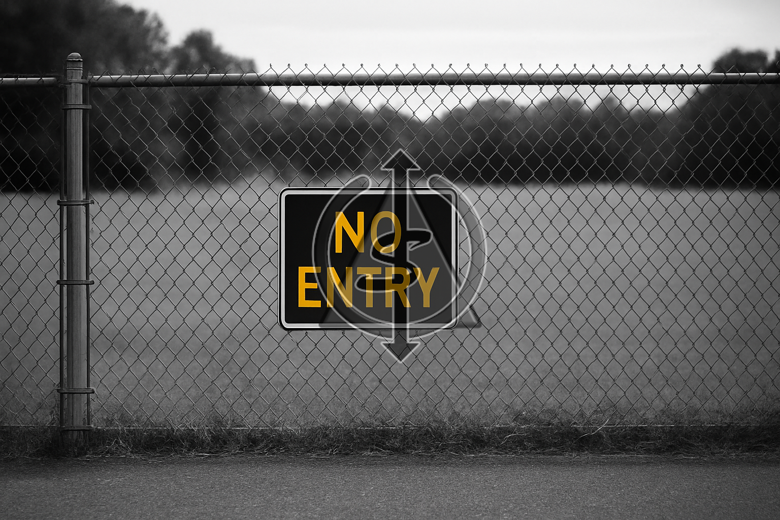 Black and white image of a solid chain-link fence with a bold gold-highlighted “NO ENTRY” sign, symbolizing firm, non-negotiable personal boundaries as requirements.