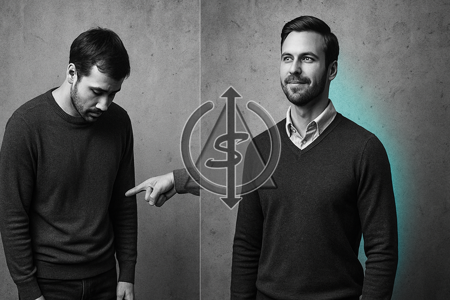 Split image of man accepting disrespect vs. standing tall with teal glow, symbolizing teaching others how to treat you.