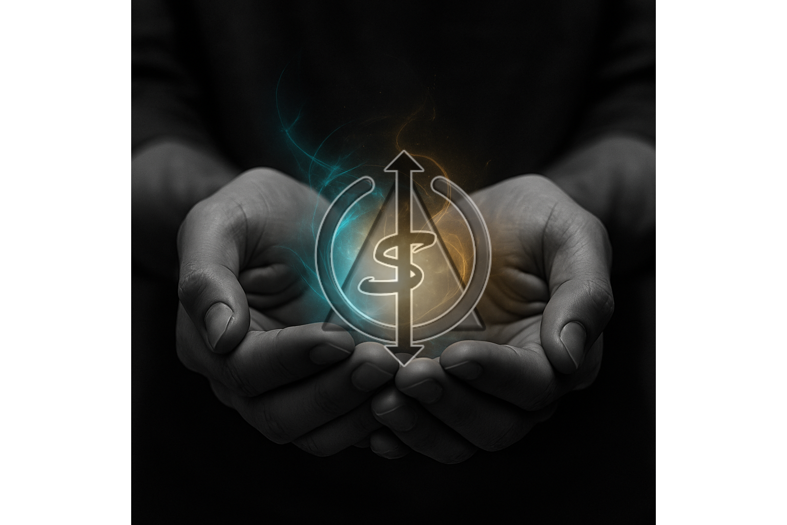 Black and white image of hands gently cupping a glowing orb of swirling teal and gold energy, symbolizing personal energy as valuable currency to protect and spend wisely.