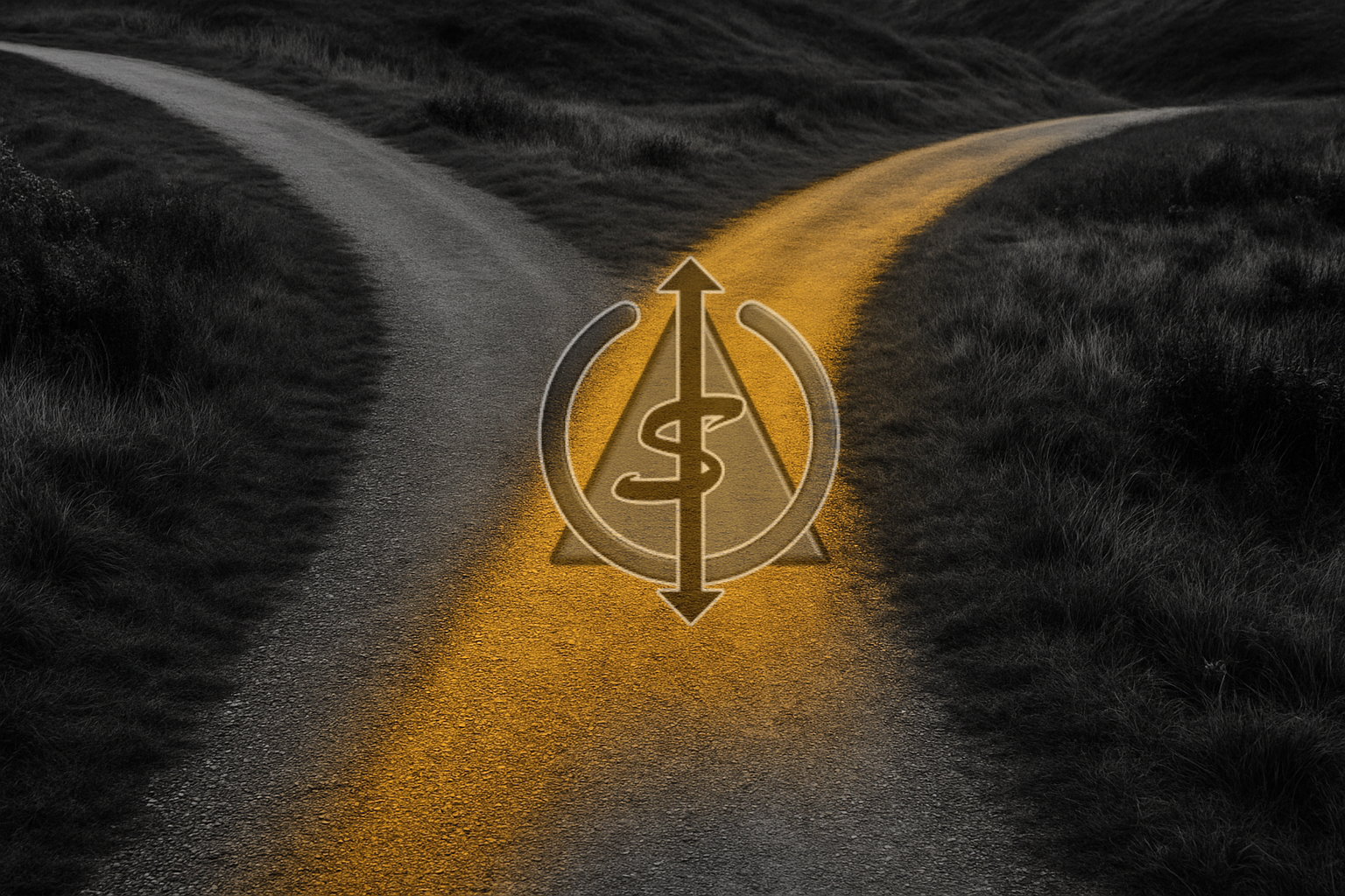 Black and white image of a diverging path in a natural landscape, with one unique route highlighted in glowing gold, symbolizing choosing your own direction despite others’ expectations.