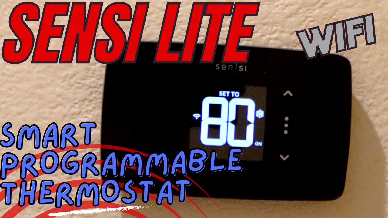 Emerson Sensi Lite smart programmable Wi-Fi thermostat set to 80 degrees, product review thumbnail with bold red and blue text overlay.