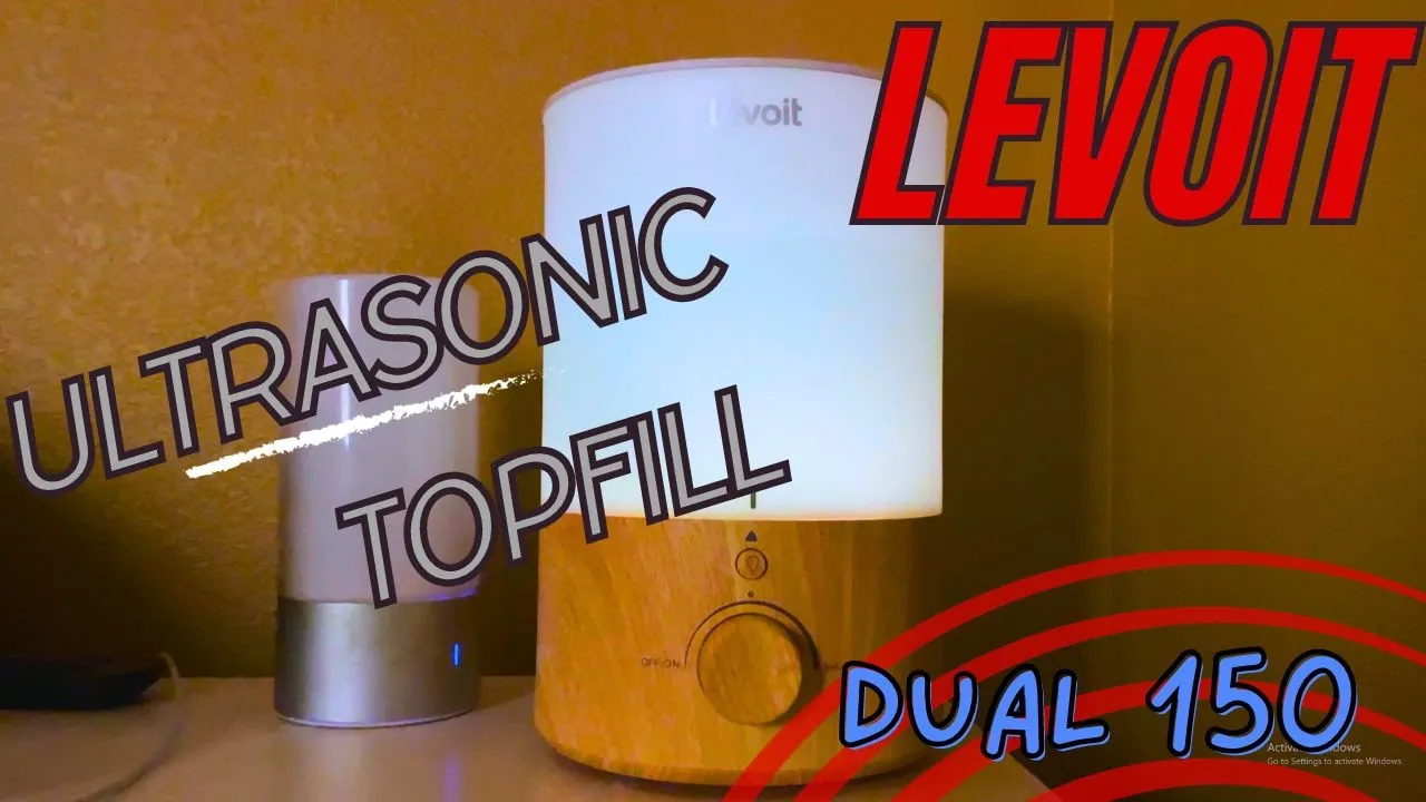 Levoit Dual 150 ultrasonic top-fill humidifier product review thumbnail with glowing white tank, wooden base, and bold text ‘Ultrasonic Topfill’ and ‘Levoit’