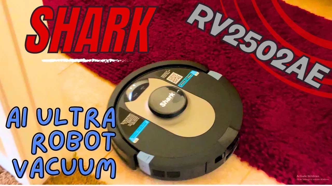 Shark AI Ultra Robot Vacuum RV2502AE review thumbnail showing round black robot vacuum cleaning near red carpet, with bold text ‘Shark AI Ultra Robot Vacuum’
