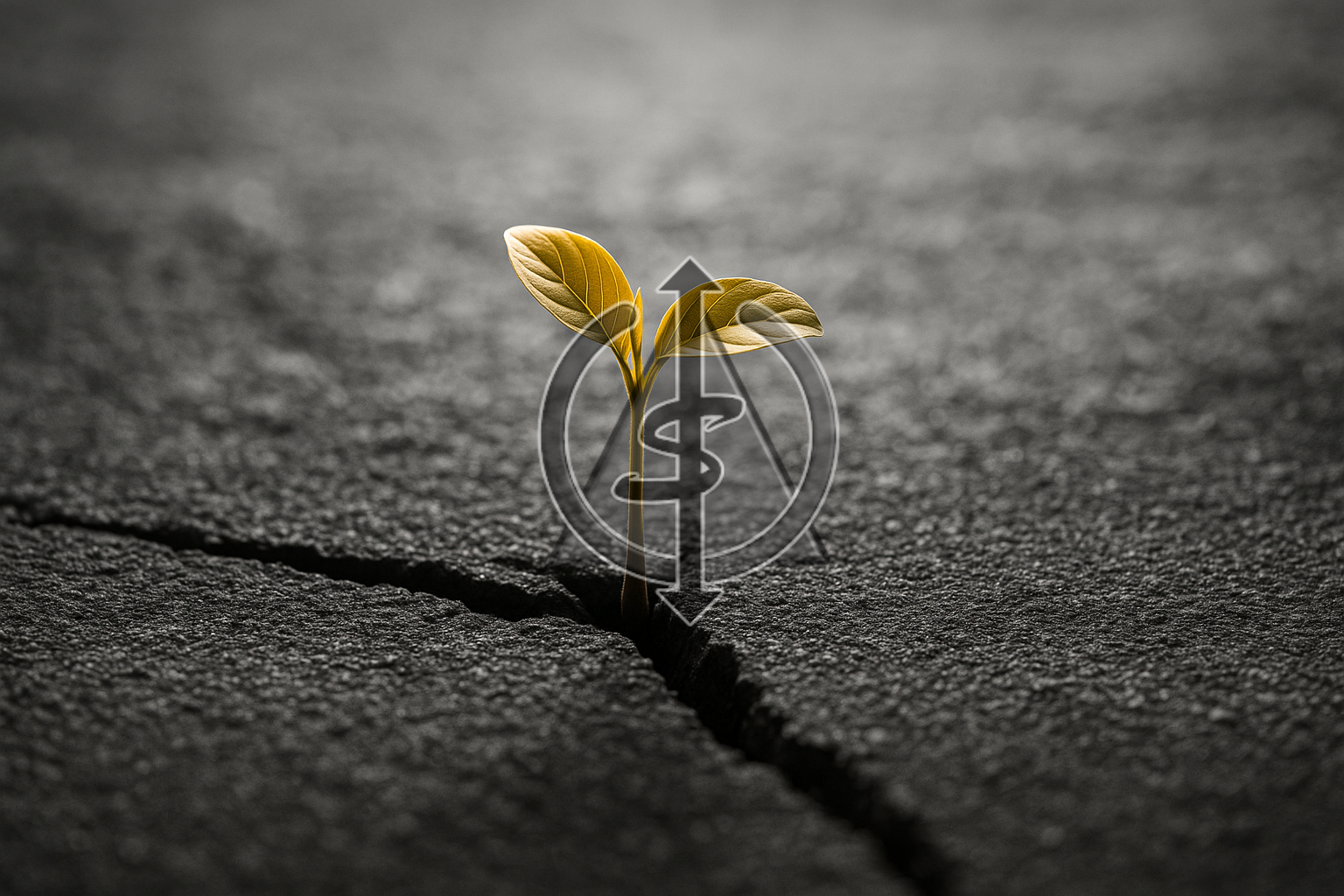 Black and white photograph of a small seedling breaking through cracked concrete, with a gold accent highlighting the tender new leaves, symbolizing growth and being exactly where you need to be for personal development