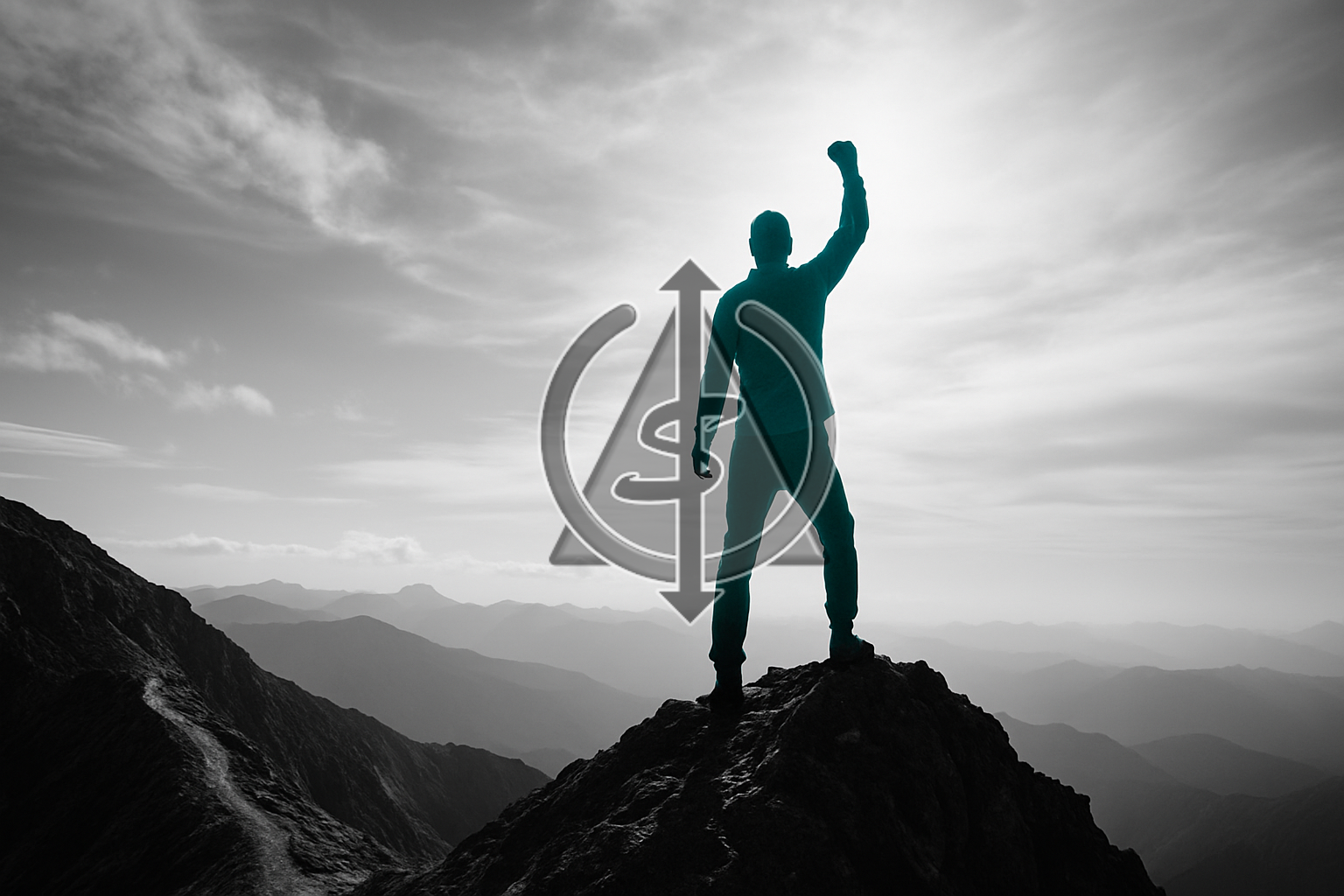 Black and white image of person standing victoriously on mountain peak with teal accent on silhouette, representing perfect survival track record through life's challenges.