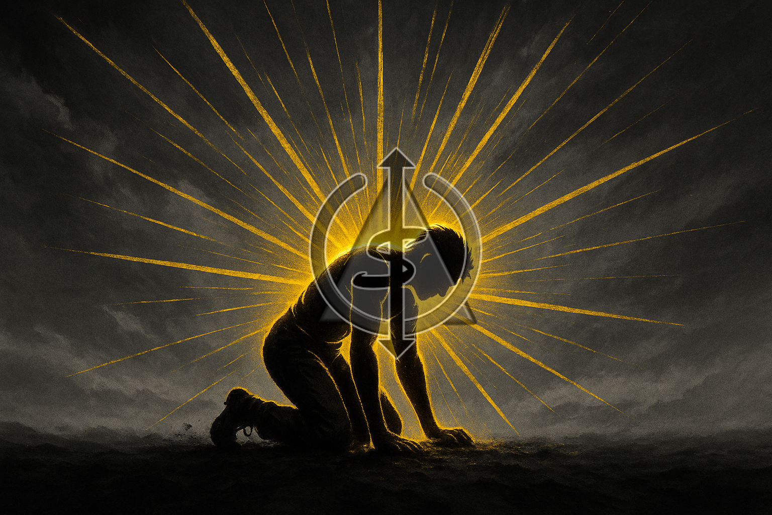 Black and white image of a person kneeling on the ground with golden light radiating powerfully from their body, symbolizing resilience as a superpower and strength to rise again.
