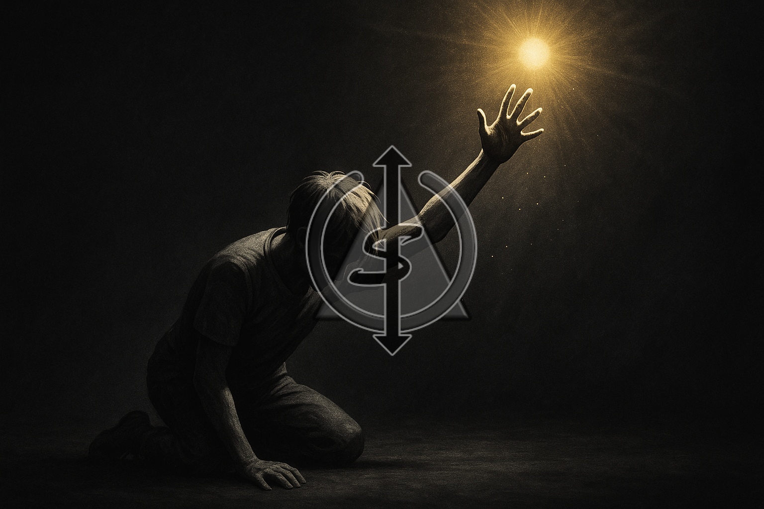 Black and white image of a fallen person reaching one hand upward toward a glowing golden light, symbolizing strength in the choice to rise again after falling.