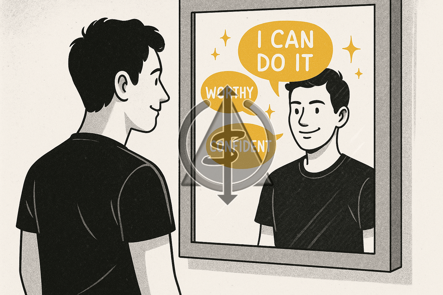 Black and white image of person looking in mirror with gold accent on positive self-reflection and affirmations, representing self-talk creating reality