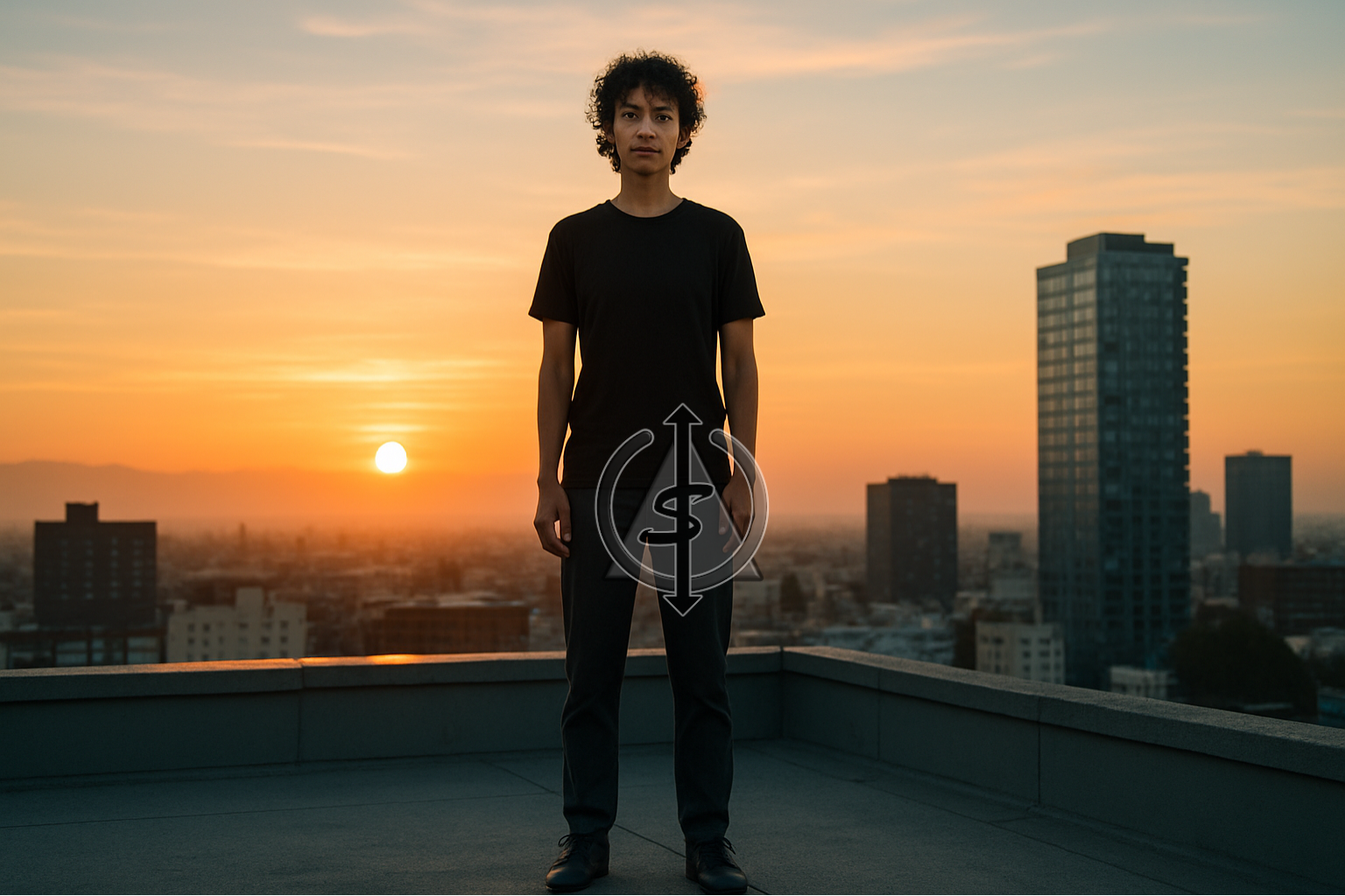 Person standing tall on a rooftop at sunrise, facing the camera with calm confidence, no longer shrinking themselves to fit in.