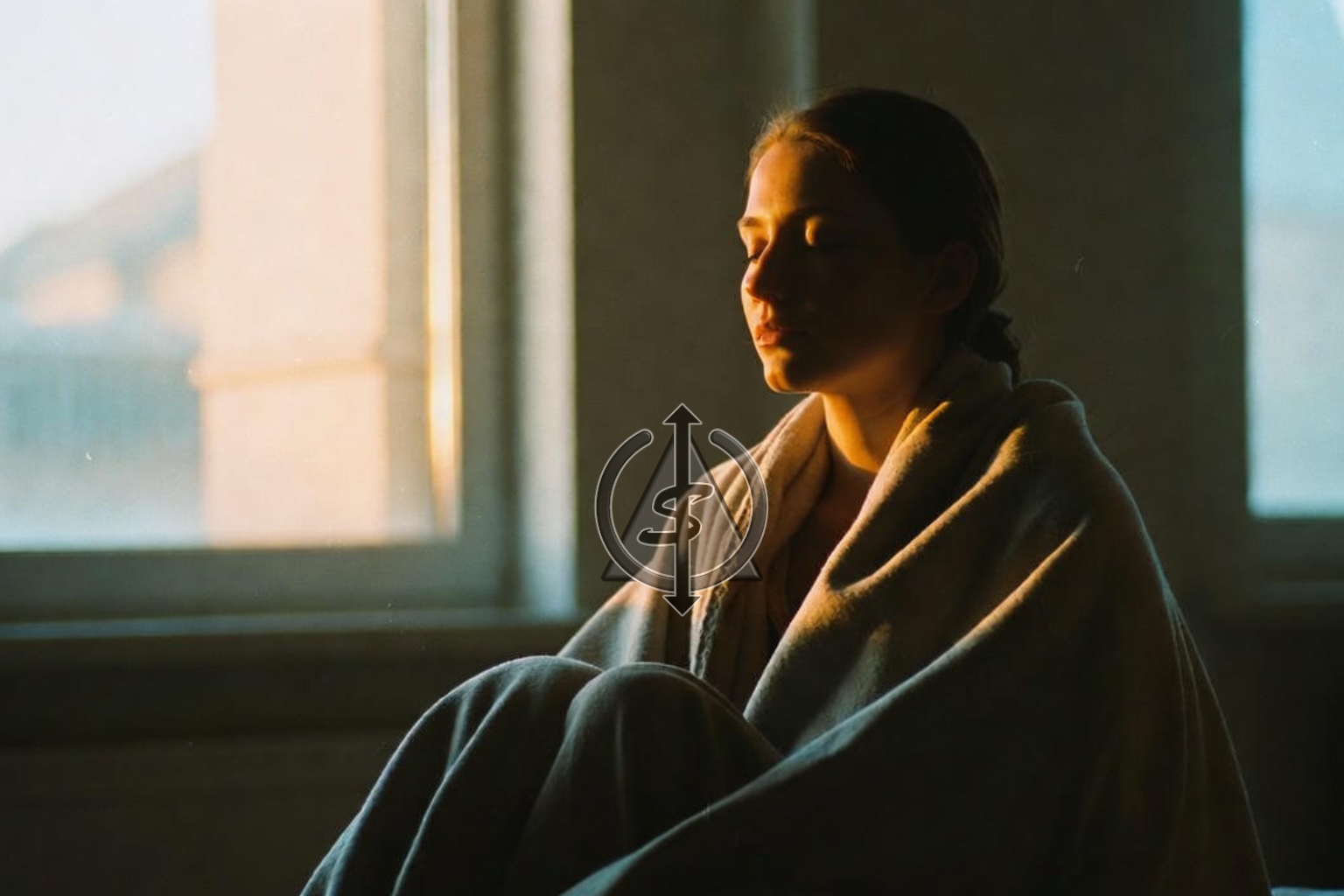 Person sitting by a window in soft morning light, wrapped in a blanket with eyes closed, finally relaxed and safe in their own skin.