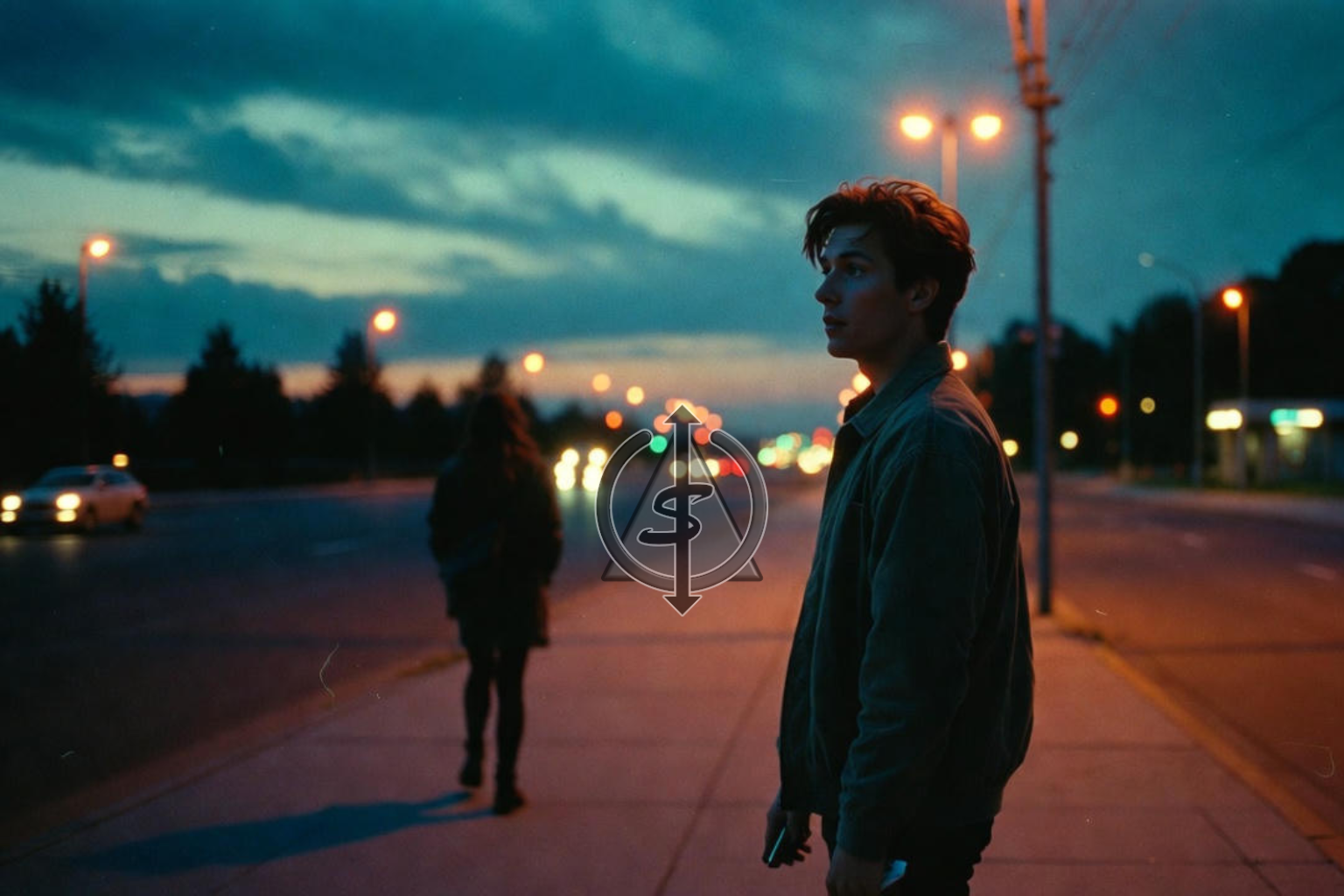 Person stands on a city sidewalk at dusk, calm and steady, while a blurred figure walks away behind them, symbolizing choosing self respect.