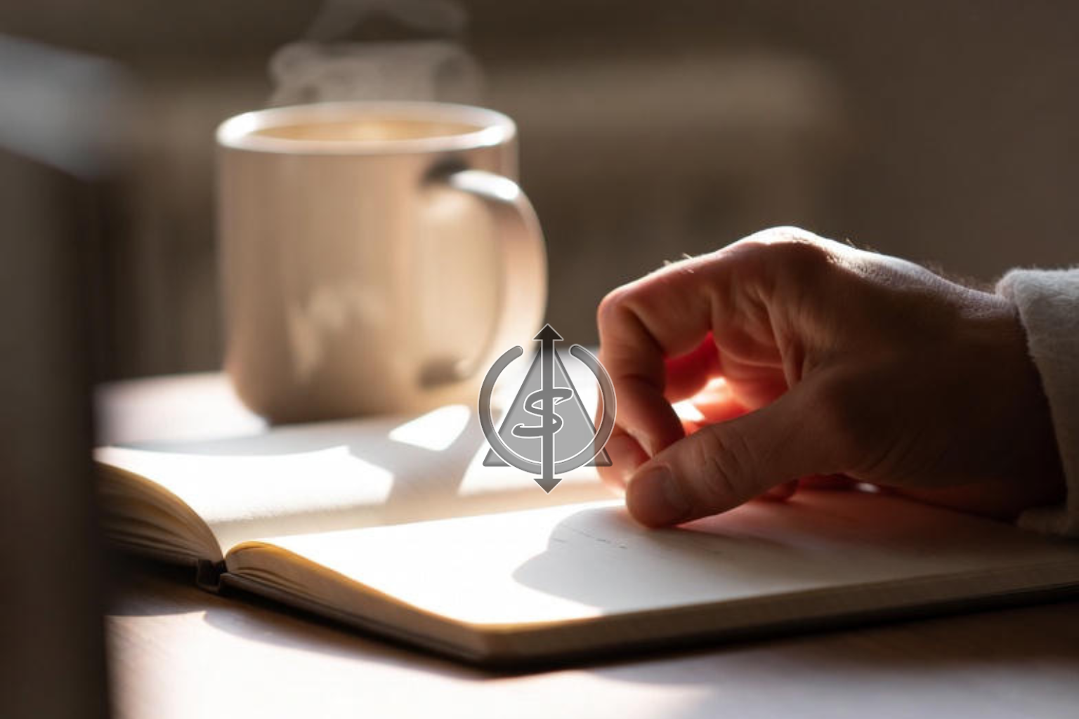 Hand poised with a pen over a small notebook beside a steaming mug, phone facedown, capturing the moment of choosing a small but important decision.