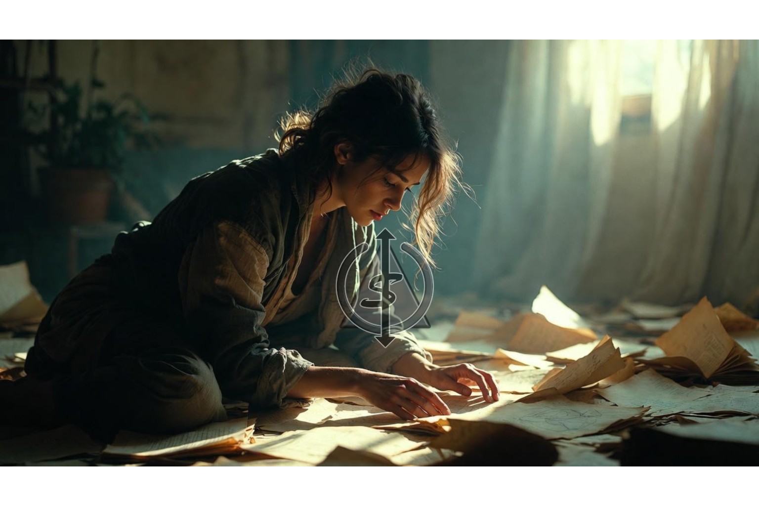 Person on the floor gathering scattered journal pages in soft morning light, symbolizing rebuilding life without abandoning their true self.