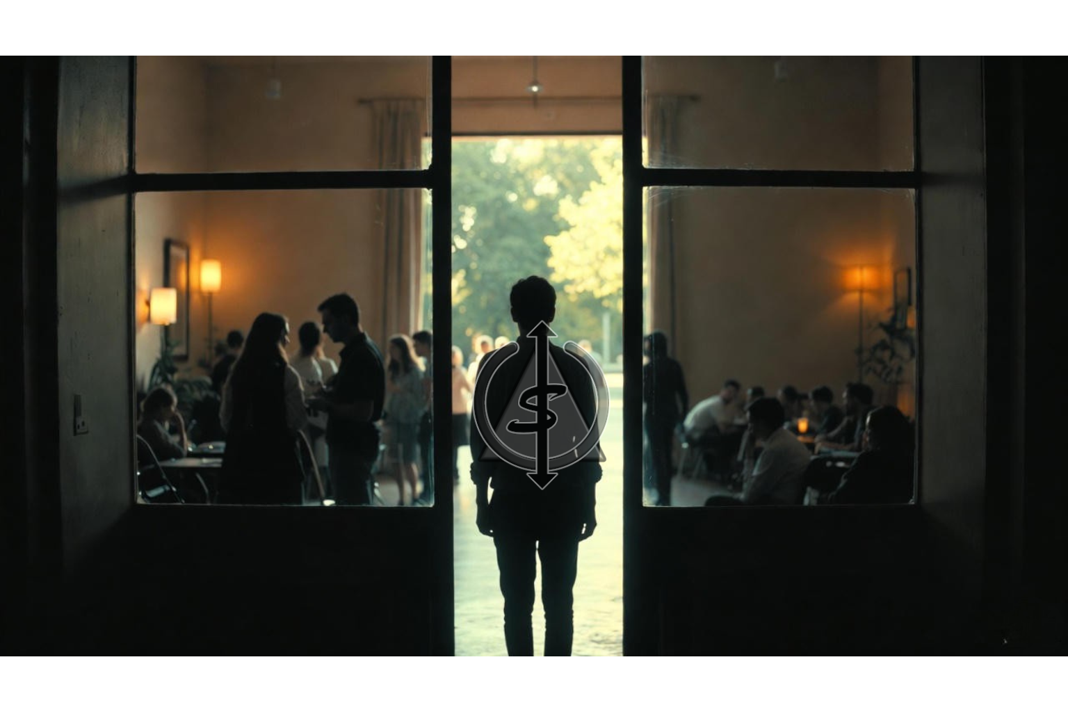 Person stepping out of a dark crowded room into warm light, symbolizing walking away from people who cannot meet their needs.