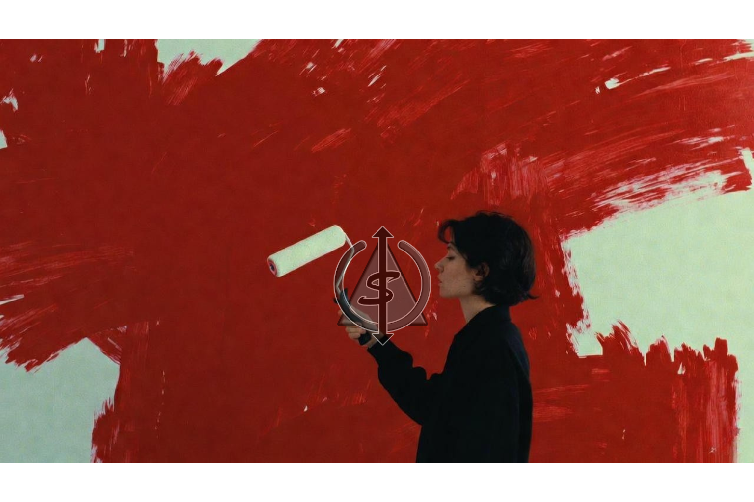 Person holding a white paint roller in front of a wall of red paint, with red still bleeding through the white patches, symbolizing covering up clear red flags.