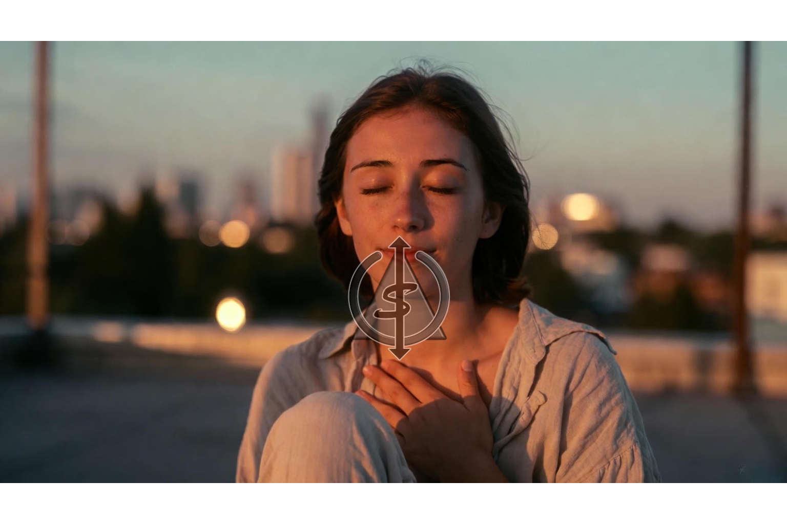 Person sitting on a rooftop at sunset with hand over their heart and eyes closed, gently reconnecting with themselves above a blurred city backdrop.