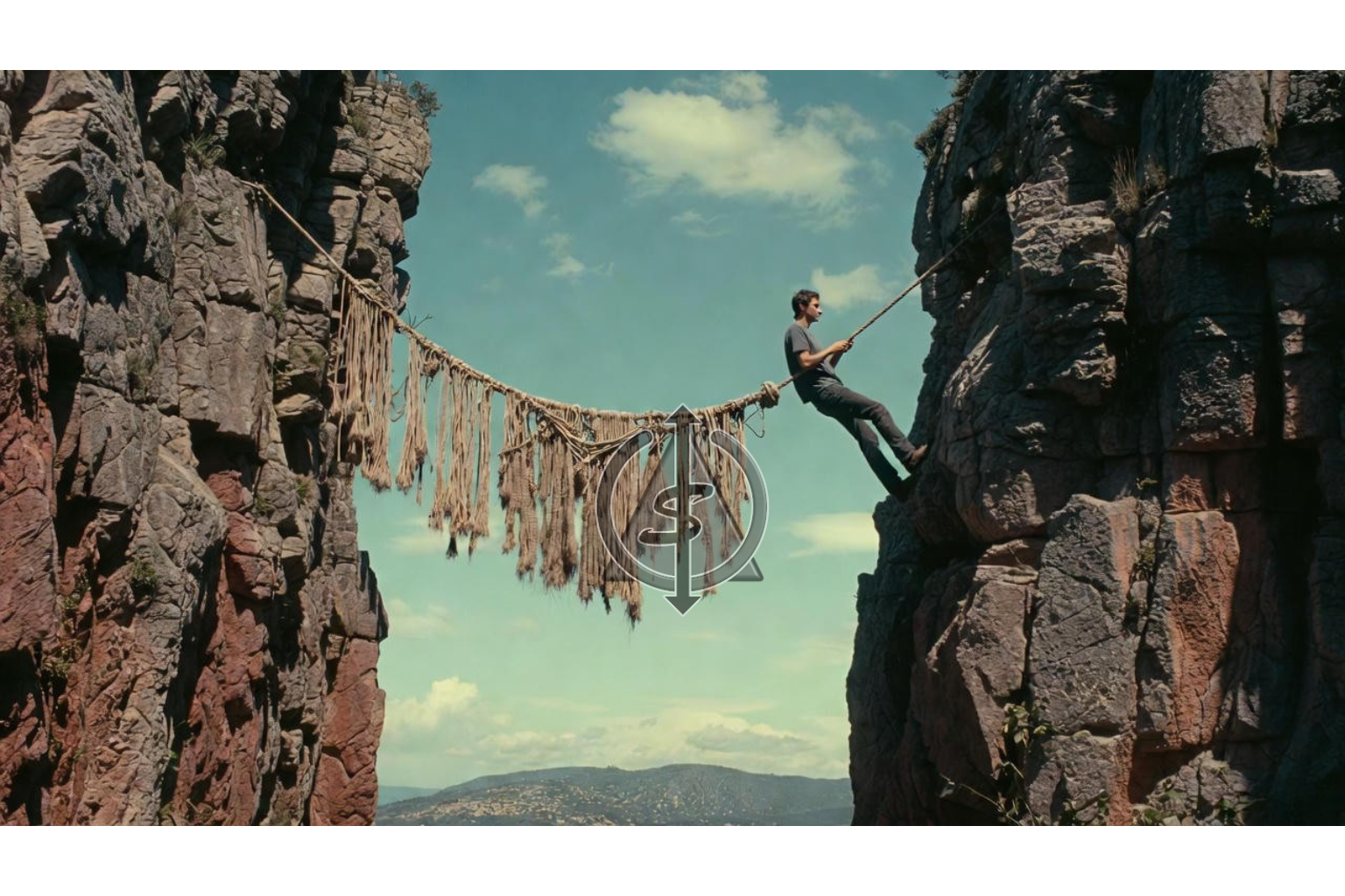 Person struggling to hold up a sagging rope bridge between two cliffs while the other side is empty, symbolizing one-sided relationships held together by one person’s effort.