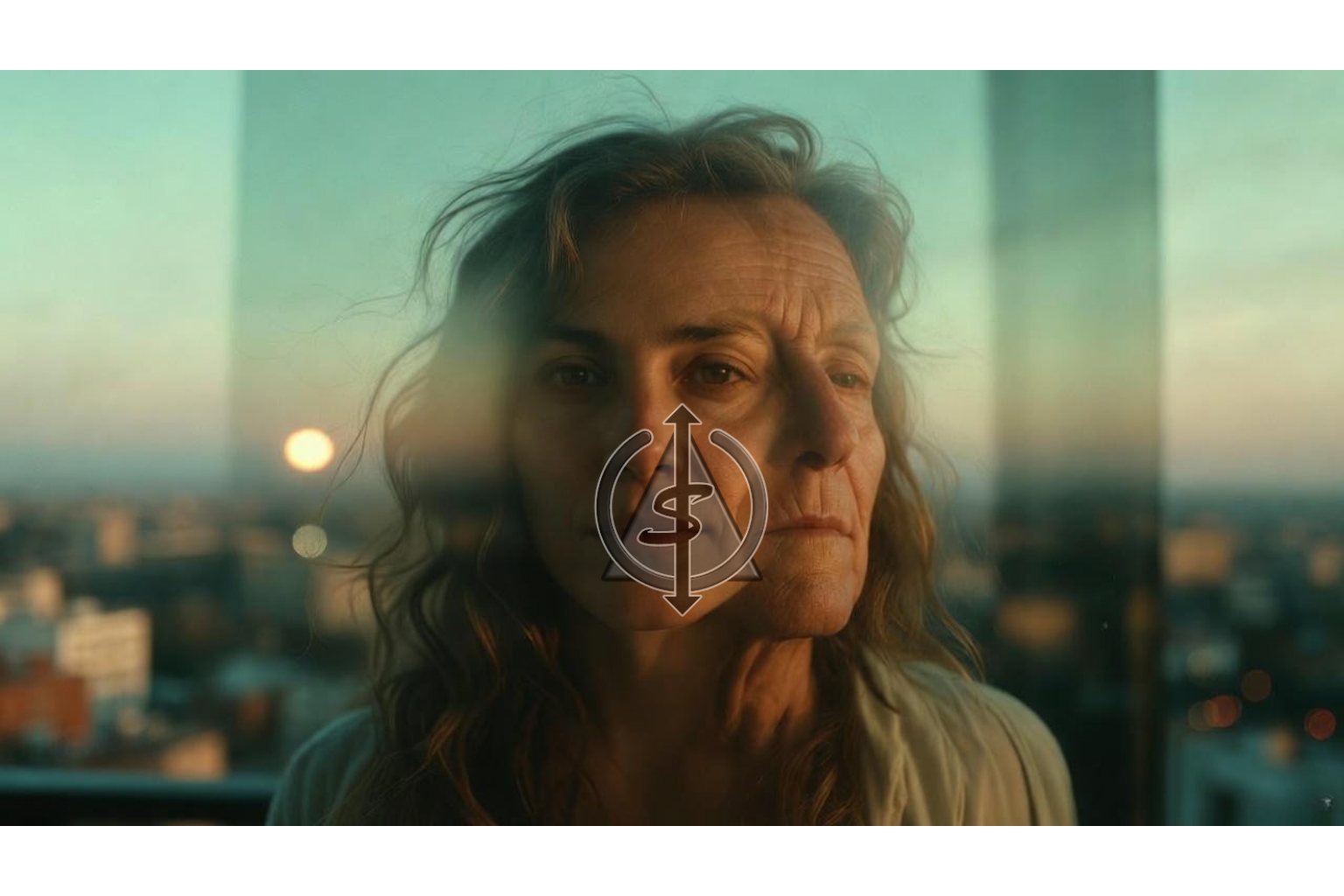 Person on a balcony at sunrise looking at a calmer future version of themselves reflected in the glass, symbolizing choices that honor the future self.