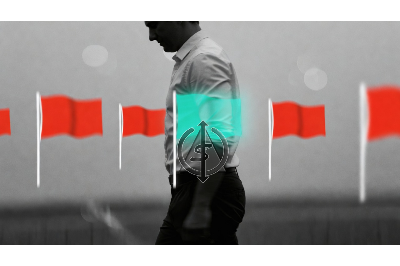 Black and white image of a person walking past multiple red-flag icons, with a teal glow around their chest as they finally stop and turn away.
