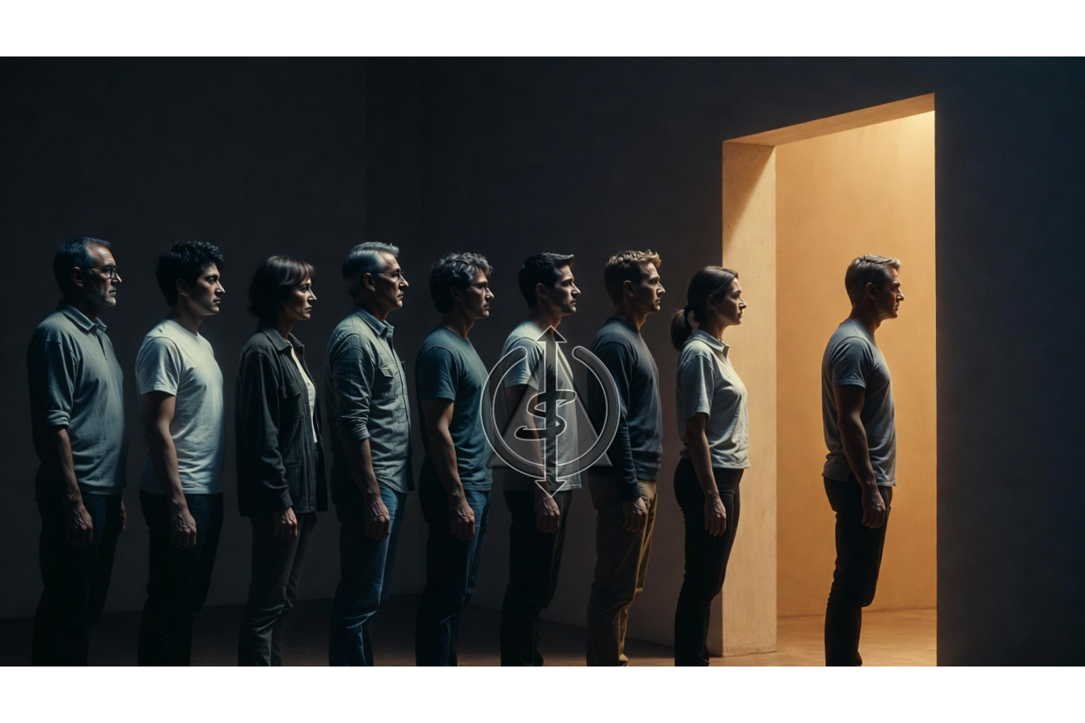 Black and white image of a line of figures repeating the same posture, with the last figure stepping out of line toward a gold-lit doorway.