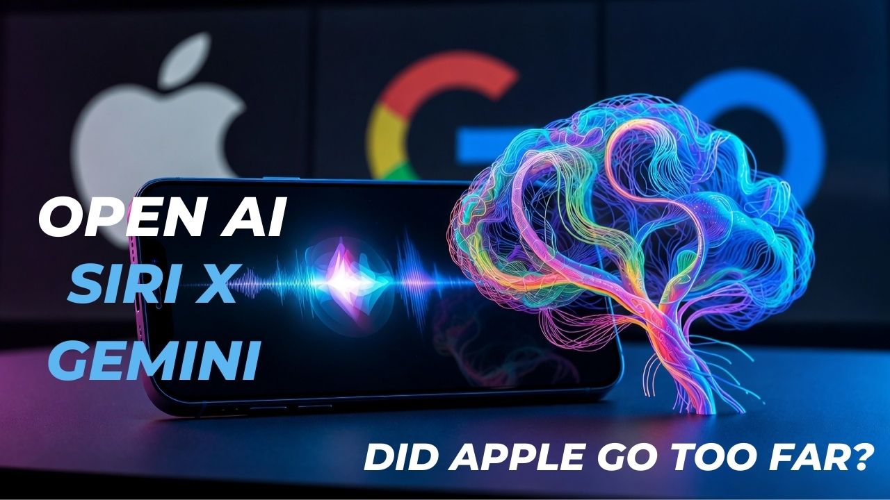 Cinematic wide image of an iPhone on a dark desk with a glowing Siri waveform on the screen on the left, a stylized Google Gemini logo made of abstract colorful neural‑network lines on the right, subtle Apple and Google logos in the background