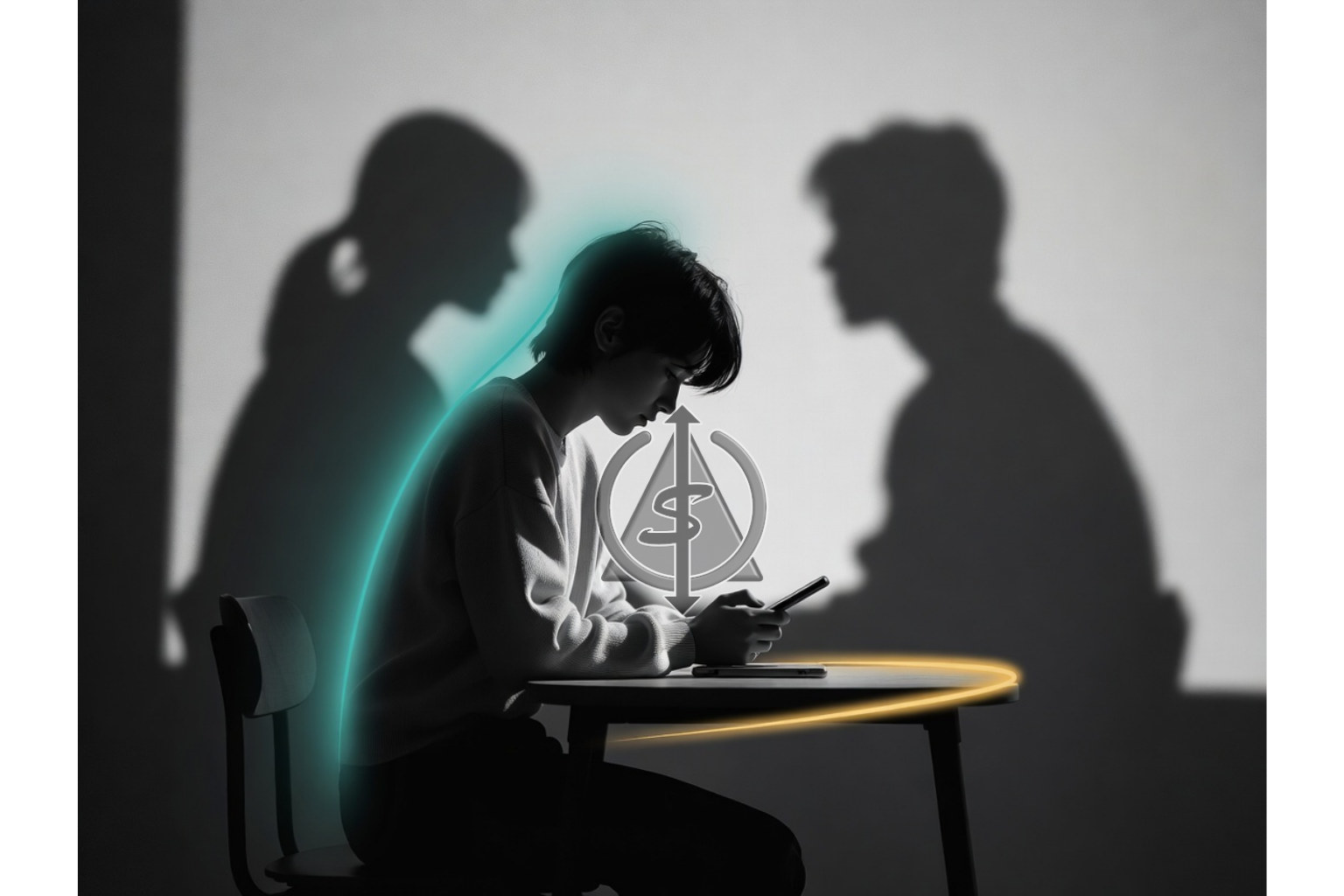 Person sitting at a table looking at their phone with blurred figures in the background and teal and gold accents, symbolizing wanting reassurance and clear communication.