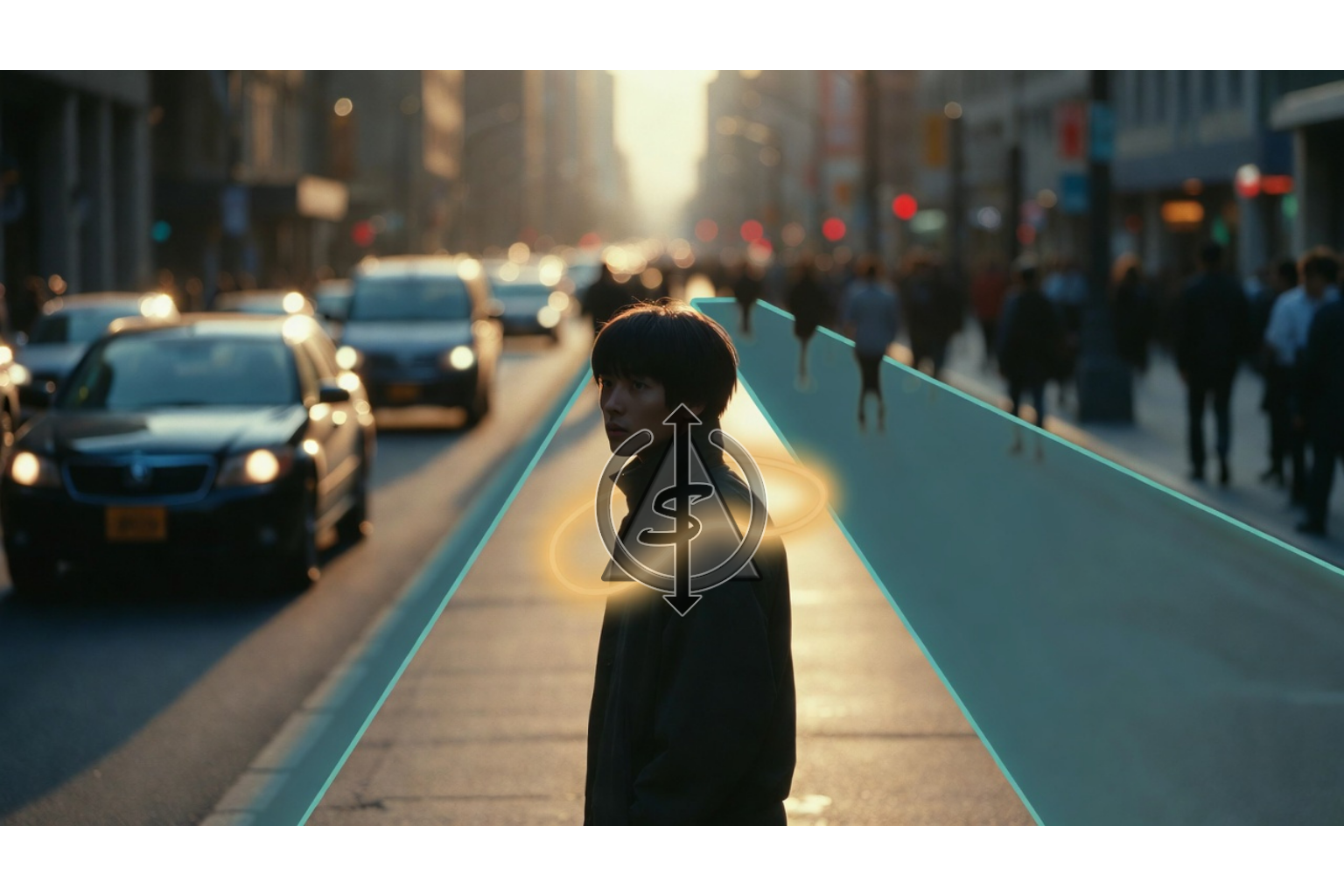 Person standing still on a busy sidewalk looking toward a glowing side street with teal and gold accents, symbolizing leaving autopilot to choose a more honest life path.