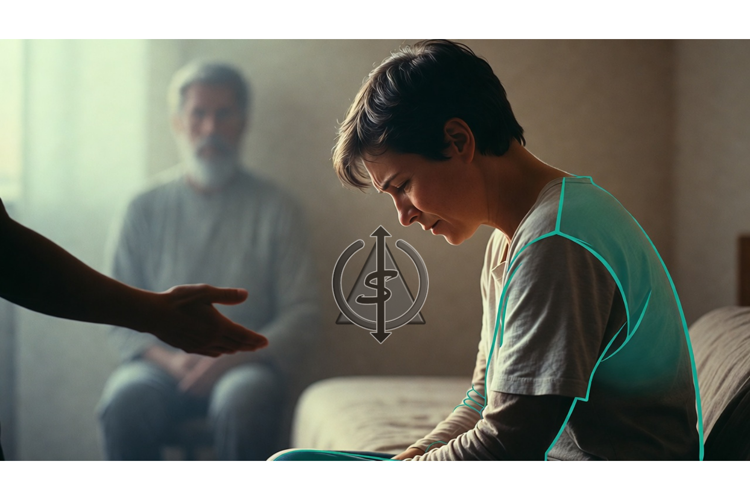 Black and white image of person sitting with visible sadness in focus while a blurred figure tries to comfort them, highlighting the need for validation over forced positivity.