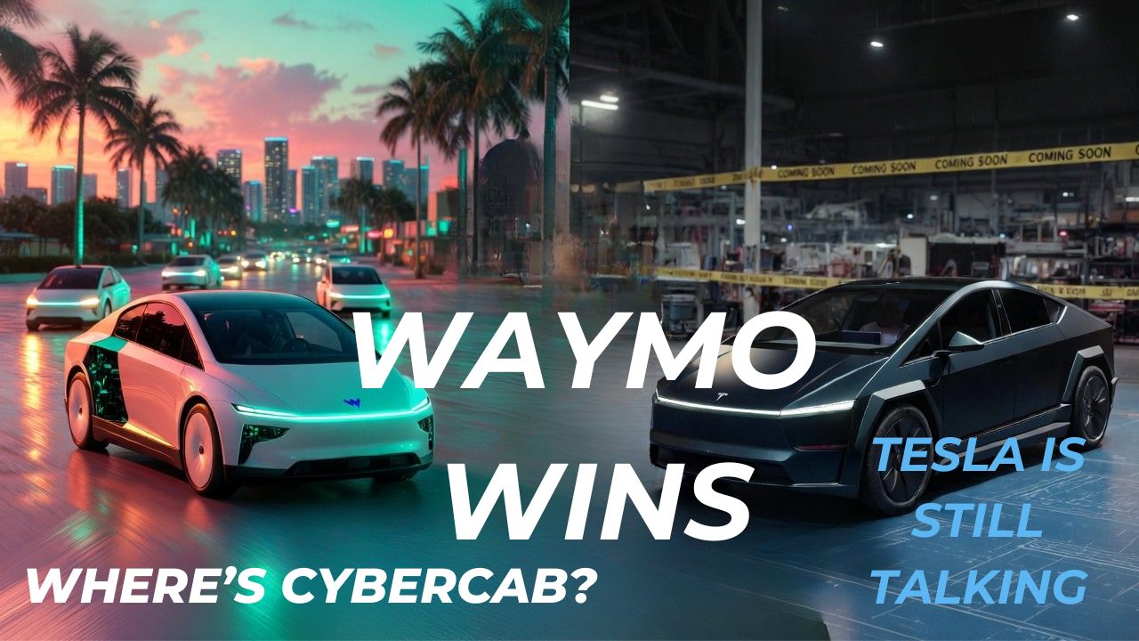 Split-screen thumbnail showing bright Waymo robotaxis driving through Miami at sunset on the left and a dark Tesla Cybercab prototype sitting in a factory marked ‘coming soon’ on the right, with overlay text ‘Waymo Wins – Where’s Cybercab?