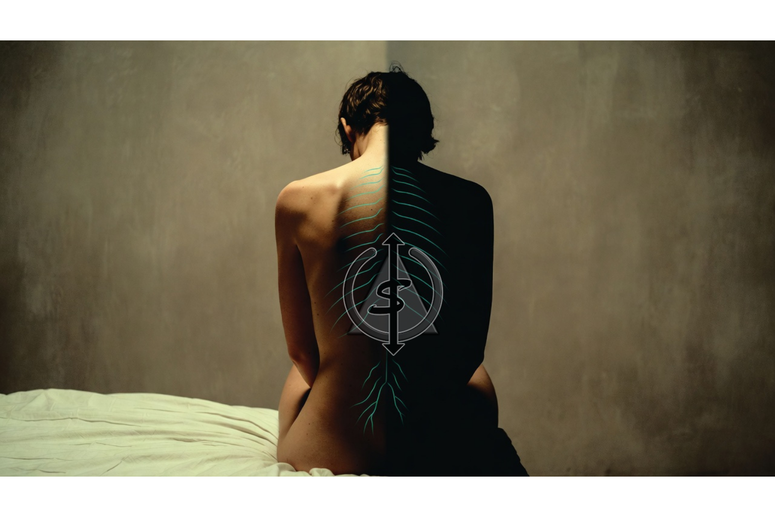 image of a tense person sitting in a calm room with a faint teal outline along their spine, symbolizing a nervous system stuck in survival mode despite a safe environment.