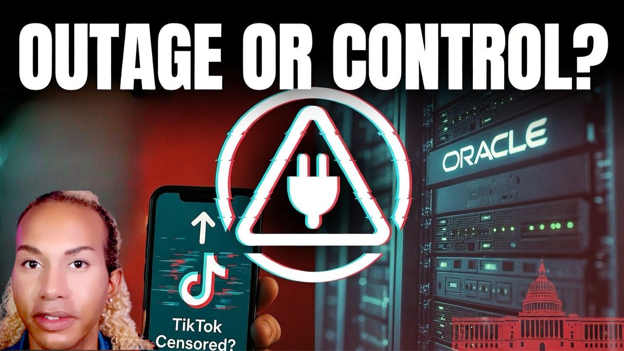 Dramatic YouTube thumbnail showing a TikTok app with an upload error warning on the left, dark Oracle‑branded data center servers on the right, and bold text saying ‘Power Outage… Really? Who Runs TikTok?’ to suggest a censorship crisis.